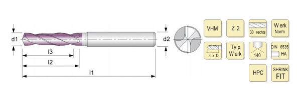 Solid carbide spiral drill for steel